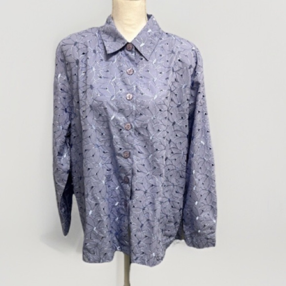 Drapers & Damons‎ Women's Blue FLORAL Eyelet Button Blouse Size 1X Grandma